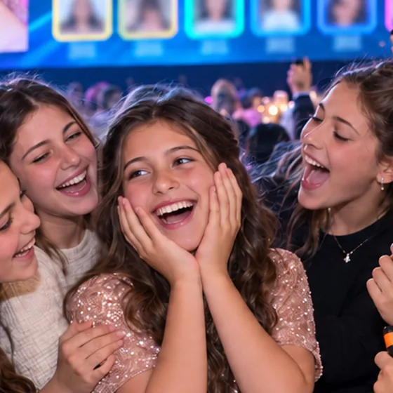 בת המצווה מחזיקה את הפנים בהתרגשות, והחברות צוחקות סביבה