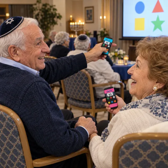 זוג מבוגר מחזיק ידיים, הוא מצביע על המסך והיא צוחקת