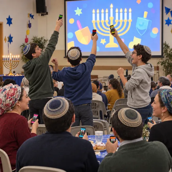 שלושה נערים עם כיפות קופצים ומריעים