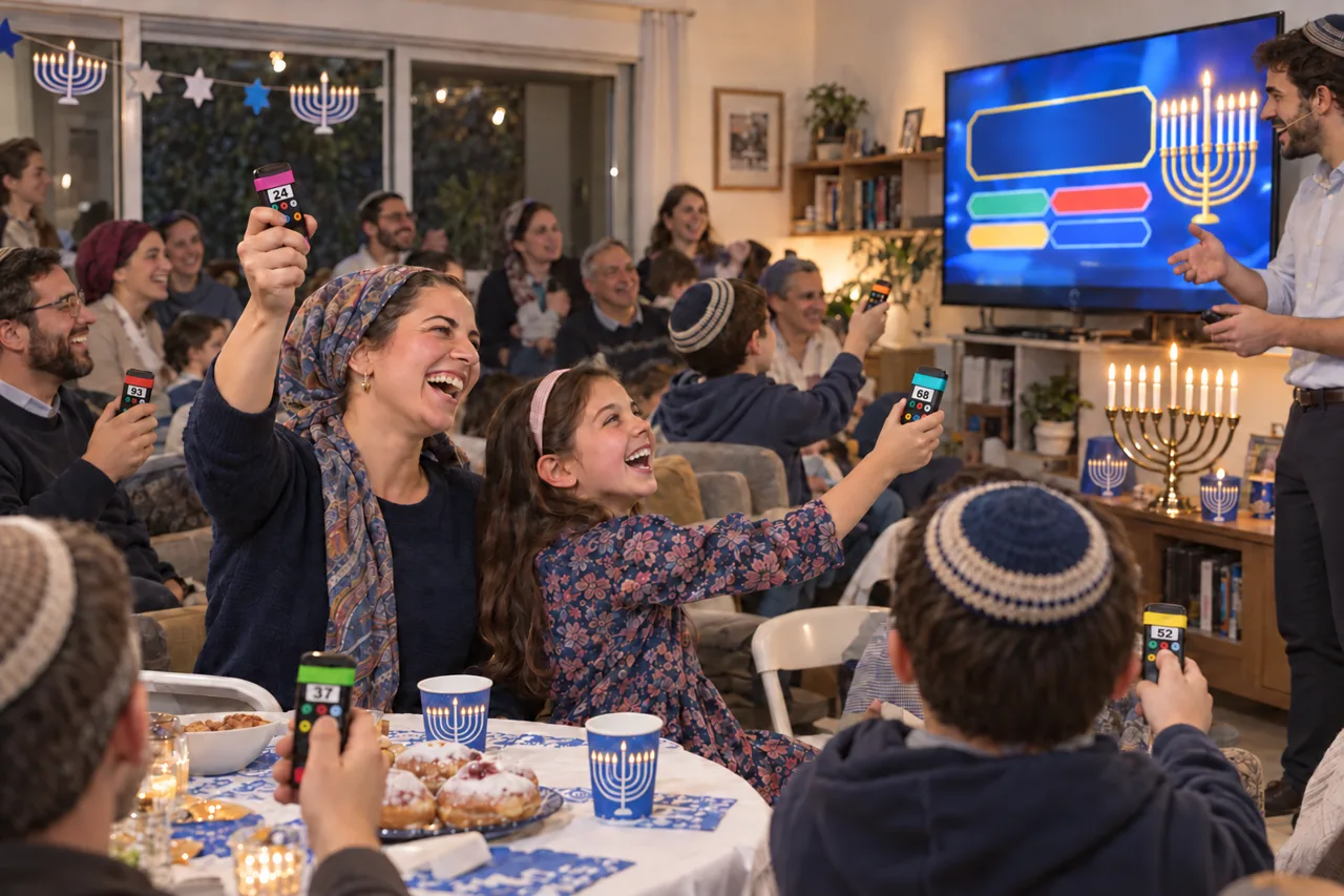 מנחה עם מיקרופון אוזן בין השולחנות, ואמא ובתה מרימות שלטים וצוחקות